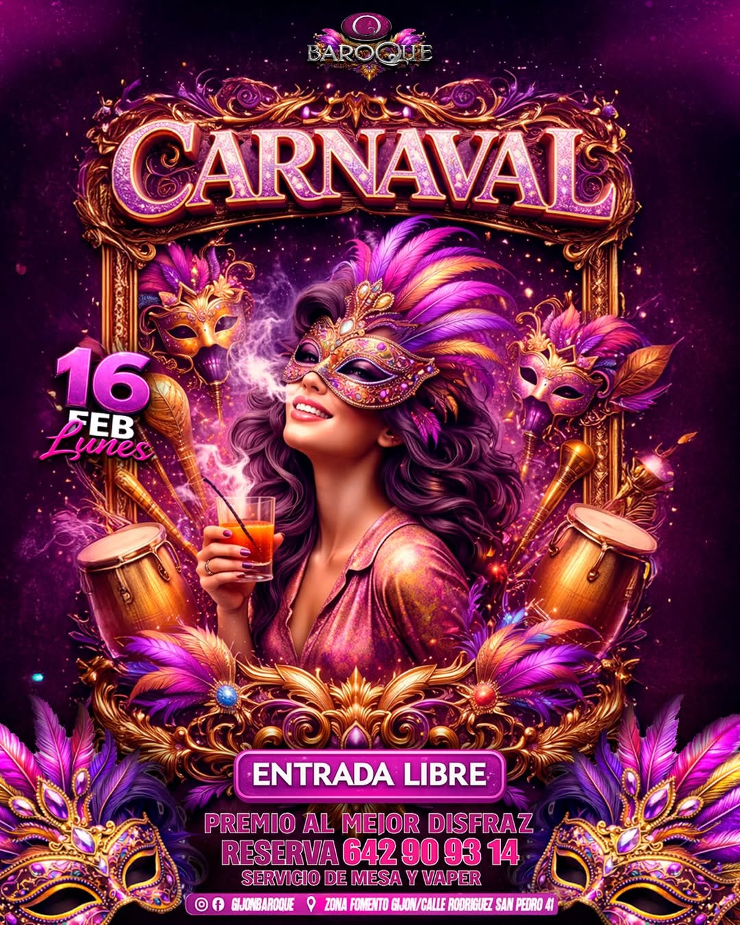 Cartel de Carnaval del 16 de febrero en Baroque
